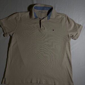 Tommy Hilfiger Polo Shirt Mens Small Beige Classic Flag Logo 100% Cotton